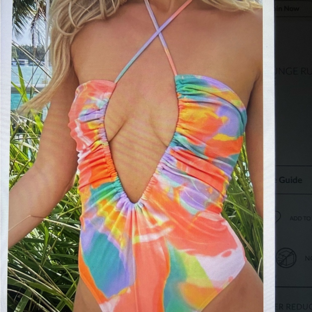 PrettyLittleThing Plunge Swimsuit Multicolor Swirl One Piece High Leg Size 8